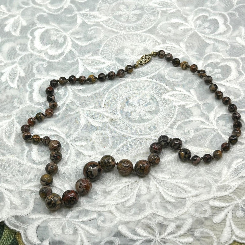 Vintage Leopardskin Jasper Stone Ball Beaded Knotted Necklace Hook Clasp Matinee